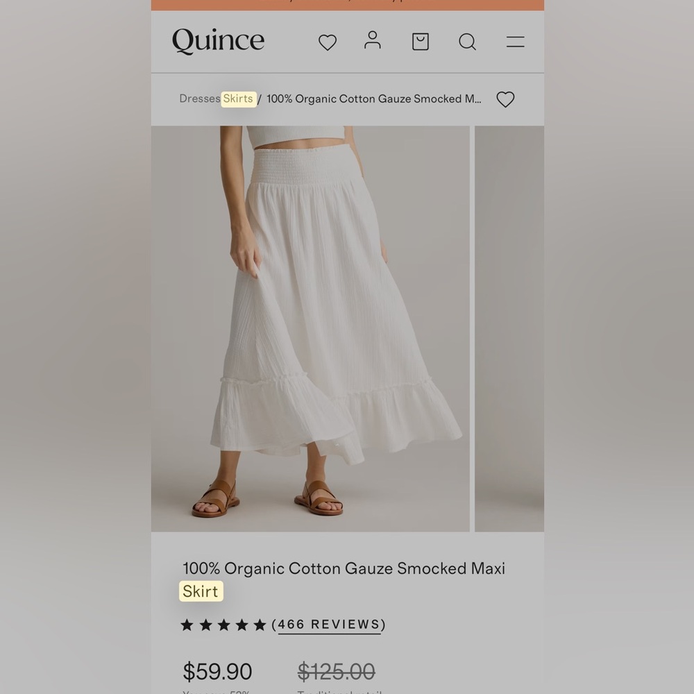 NWOT Quince White Smocked Waist Organic Cotton Gauze Maxi Skirt